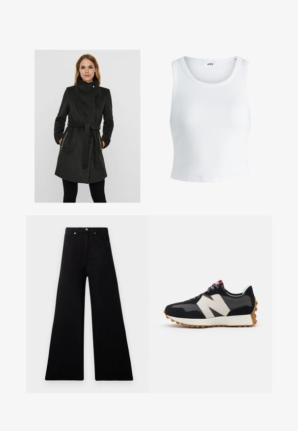 Casaco de lã cinza escuro com gola alta, cintura cindida, dois bolsos laterais com fecho éclair e mangas longas. Acabamento texturizado com um design estruturado.; Top curto branco com nervuras, apresentando um decote redondo, design sem mangas e um comprimento cropped. Rótulo lê "JJXX." Textura de tecido suave.; Calças de ganga pretas de perna larga com cintura alta, cinco bolsos, fecho frontal de botão e textura suave e macia.; Sneaker em camurça preta e cinza com um grande logótipo "N" creme, cordões roxos e uma sola de borracha texturizada em cor de goma.