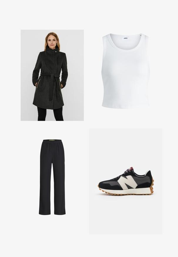 Tumehall villasegu mantel kõrge krae, vöödega talje, kahe tõmblukuga küljetaskuga ja pikad varrukad. Tekstuuriga viimistlus ja struktureeritud disain.; Valge ribakujuline tank top, millel on ümmargune kaelus, varrukateta disain ja lühike pikkus. Silt ütleb "JJXX." Sile kangast tekstuur.; Mustad laiad püksid elastse vöökoha ja pehme kangaga, millel on sile tekstuur ja lahti istuv lõige läbi jalgade.; Mustmust ja halli nubukist tennisajal on suur kreemjas "N" logo, lilla paelad ja tekstureeritud kummist välispohja.