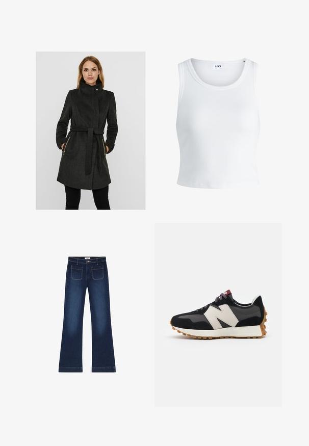 Dark gray wool blend coat with a high collar, belted waist, two zippered side pockets, and long sleeves. Textured finish with a structured design.; White ribbed tank top featuring a round neckline, sleeveless design, and a cropped length. Label reads "JJXX." Smooth fabric texture.; Dark blue flared jeans made of denim. Features five pockets, a zip fly, and gold stitching accents on seams. Wide leg opening.; Black and gray suede sneaker with a large cream-colored "N" logo, purple laces, and a textured gum rubber outsole.