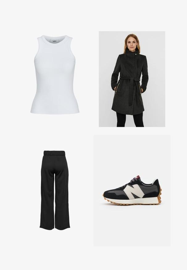 Palton din amestec de lână de culoare gri închis, cu guler înalt, talie cu cordon, două buzunare laterale cu fermoar și mâneci lungi. Finisaj texturat cu un design structurat.; Top fără mâneci, alb, cu nervuri, cu un decolteu rotund. Are o croială slim și o textură moale, fiind potrivit pentru a fi purtat pe dedesubt.; Pantaloni negri, cu croi larg și talie elastică, realizați dintr-un material neted. Au un design simplu, fără buzunare sau detalii de cusătură vizibile.; Adidași din suede negru și gri cu un mare logo "N" de culoare crem, sireturi purpurii și o talpă din cauciuc texturat de culoare gumă.