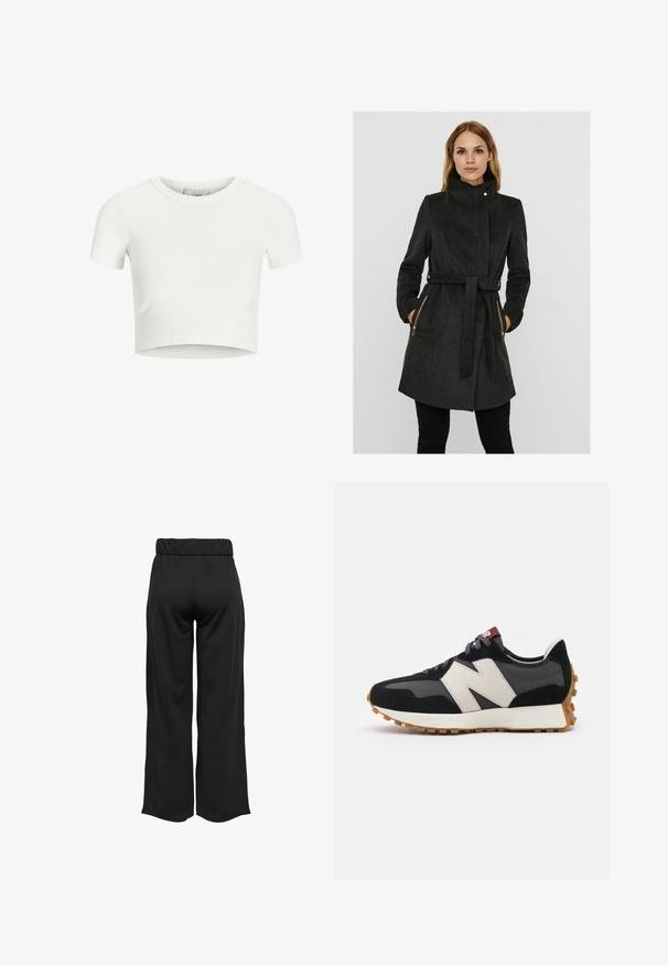 Casaco de lã cinza escuro com gola alta, cintura cindida, dois bolsos laterais com fecho éclair e mangas longas. Acabamento texturizado com um design estruturado.; T-shirt branca, cropped, feita de tecido canelado. Apresenta um decote redondo e mangas curtas. Textura suave com um corte ajustado.; Calças largas e pretas com uma cinta elástica, feitas de um tecido suave. Apresentam um design limpo, sem bolsos ou detalhes de costura visíveis.; Sneaker em camurça preta e cinza com um grande logótipo "N" creme, cordões roxos e uma sola de borracha texturizada em cor de goma.