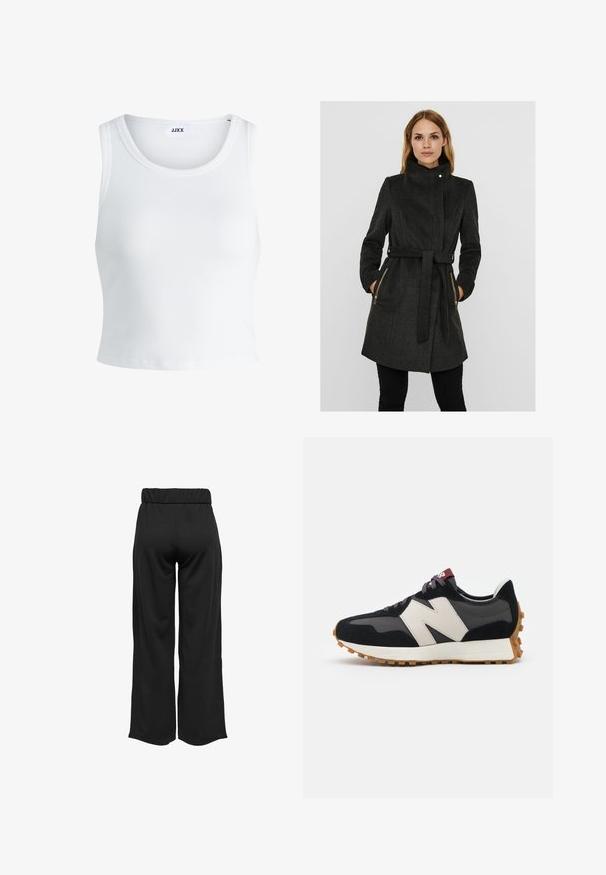 Mörkgrå ullblandad kappa med hög krage, bälte i midjan, två dragkedjefickor på sidan och långa ärmar. Strukturerad design med en texturerad finish.; Vit ribbade linne med rund halsringning, ärmlös design och kort längd. Märket säger "JJXX." Slät tygkvalitet.; Svarta, vida byxor med elastisk midja, tillverkade av en mjuk tyg. Har en ren design utan fickor eller synliga sömdetaljer.; Svart och grå mocka sneaker med en stor krämfärgad "N"-logotyp, lila snören och en texturerad gummisula.