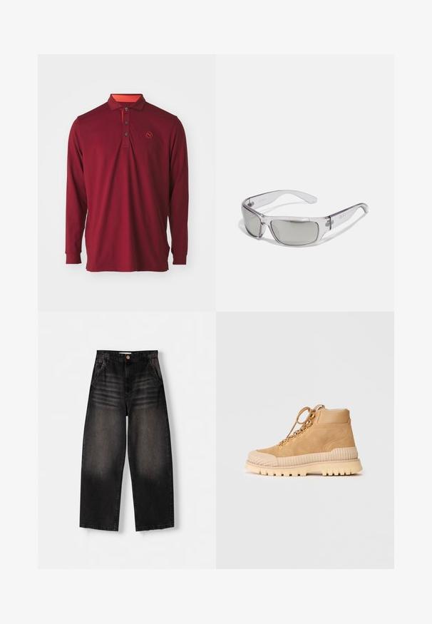 Zielona oliwkowa skórzana kurtka z zamkiem błyskawicznym z przodu, spiczastym kołnierzem, dwoma bocznymi kieszeniami oraz subtelnym logo w górnym lewym rogu.; Czarna koszula polo z długim rękawem w ciemnym czerwonym kolorze, z zapięciem na guziki, pomarańczowym akcentem kołnierza oraz haftowanym logo na piersi.; Czarne jeansy typu wide-leg z przetarciami, z pięcioma kieszeniami, zapięciem na guzik oraz subtelnymi detalami w postaci przetarć z przodu.; Beżowe zamszowe trampki typu high-top z żebrowaną gumową podeszwą, okrągłym noskiem i metalowymi oczkami do sznurowadeł; wyposażone w miękką, puszystą wyściółkę wewnętrzną.; Okulary przeciwsłoneczne z przezroczystą plastikową ramką, szarymi soczewkami, w kształcie owalu oraz z logo po boku. Gładka faktura z zakrzywionymi ramionami.; Czarne skórzane rękawiczki bez palców o teksturowanym wykończeniu. Cechy obejmują cztery otwory na palce, wzmocnione przeszycia oraz zapięcie na zatrzask.