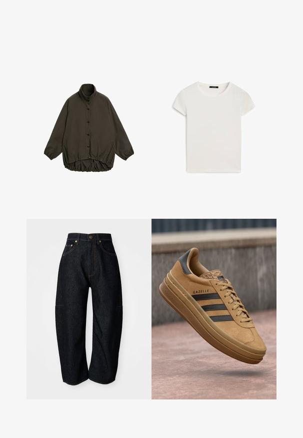 Brown padded jacket with a high collar, raglan sleeves, button closure, and gathered elastic hem. Smooth texture and lightweight design.; White short-sleeve t-shirt with a round neckline, crafted from soft cotton fabric, featuring a smooth texture and a simple design.; Dark denim jeans with a relaxed fit, featuring subtle orange stitching, front pockets, and a flat waistband with a button closure.; Tan suede sneakers with a smooth texture, featuring three dark stripes, a rounded toe, and a thicker sole with a patterned edge.