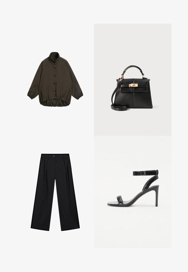 Brun polstret jakke med høj krave, raglanærmer, knaplukning og samlet elastisk kant. Glat tekstur og letvægtsdesign.; Hvid t-shirt med korte ærmer og rund halsudskæring, lavet af blødt bomuldsstof, der har en glat tekstur og et enkelt design.; Sorte brede bukser lavet af glat stof, med frontfolder, sidelommer og knaplukning i taljen.; Sorte hælede sandaler med en blank finish, der har to slanke stropper og en ankelrem, placeret på en slank stilettohæl.; Sort læderhåndtaske med en struktureret design, topstrop, aftagelig rem og hårdvarer i guldtonede på en magnetisk lukning.