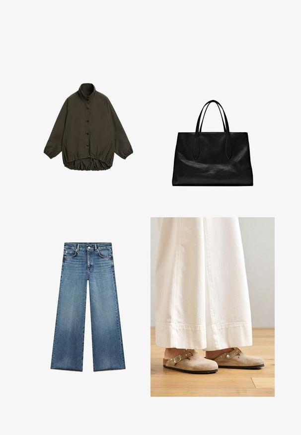 Braune gepolsterte Jacke mit hohem Kragen, Raglanärmeln, Knopfverschluss und elastischem gesammeltem Saum. Glatte Textur und leichtes Design.; Helles beige T-Shirt mit Rundhalsausschnitt, kombiniert mit dunkel gestreiften, weit geschnittenen Hosen. Mit einer schwarzen Perlenhandtasche und flachen Sandalen accessorized. Glatte Textur.; Hellblaue weite Jeans aus Denim mit hohem Bund, fünf Taschen, kontrastierendem Nähen und einem ausgefransten Saum.; Beige Wildlederschlappen mit einem geschnallten Riemen und Nietenakzenten, getragen zu weißen, weit geschnittenen Hosen, auf einem Holzboden.; Schwarze Leder-Tote mit zwei langen Griffen, einer strukturierten Form, glatter Textur und minimalistischem Design. Keine sichtbaren Beschläge oder Akzente.