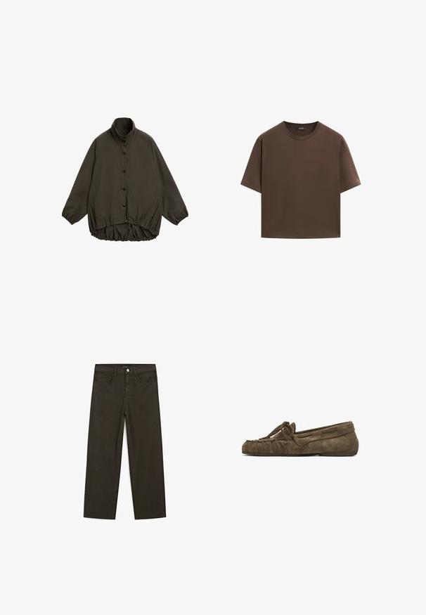 Braune gepolsterte Jacke mit hohem Kragen, Raglanärmeln, Knopfverschluss und elastischem gesammeltem Saum. Glatte Textur und leichtes Design.; Braunes Baumwoll-T-Shirt, kurze Ärmel, runder Halsausschnitt, lockere Passform, glatte Textur, minimalistisches Design, keine sichtbaren Muster oder Akzente.; Dunkelgrüne Jeans im weit geschnittenen Style, hergestellt aus einem Baumwollgemisch. Sie verfügen über einen Frontknopfverschluss, fünf Taschen und klassische Denim-Nähte.; Dunkelbraune Wildleder-Pantoletten mit einem gerafften Design, einer Schleifendetail an der Vorderseite und einer flachen Gummisohle für Komfort.