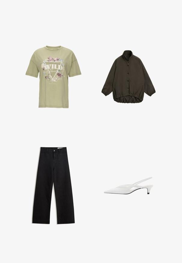 Donkergroen gewatteerd jack met een hoge kraag, knoopsluiting aan de voorkant en een elastische zoom. Heeft raglanmouwen en een gladde buitenkant.; Olijfgroene katoenen t-shirt met korte mouwen, met een bloemen grafisch ontwerp en de tekst "WILD Flowers" in het wit binnen een driehoek.; Zwarte denim broek met wijde pijpen en een hoge taille, voorzien van voor- en achterzakken, gestikte naden en een knoopsluiting. Gladde textuur.; Witte slingback hak met spitse neus, voorzien van een gladde bovenkant, subtiele uitsparingen en een lage blokhak. Zwarte zool accentueert het ontwerp.