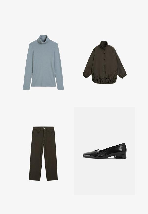 Hnědá prošívaná bunda s vysokým límcem, raglánovými rukávy, zapínáním na knoflíky a nabíraným elastickým lemem. Hladká textura a lehký design.; Světle modré tričko s dlouhým rukávem a rolákem, s oboustranným límcem, vyrobené z jednoduché a hladké textilie na bílém pozadí.; Tmavě zelené široké džínsy vyrobené z bavlněné směsi, s předním zapínáním na knoflík, pěti kapsami a klasickým denimovým stehem.; Černé lakované baleríny s špičatou špičkou, nízkým čtvercovým podpatkem a malým kovovým detailem na pásku. Hladký povrch.