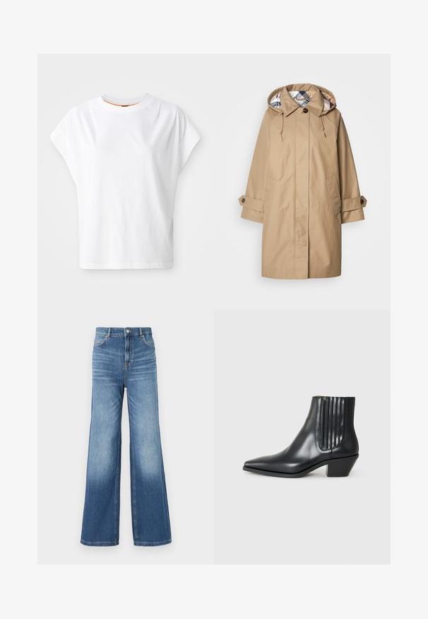 Beige raincoat with a hood, featuring a check-patterned inner lining, buttoned cuffs, and front pockets. Made from a water-resistant fabric.; White short-sleeved T-shirt with a loose fit. Features a crew neck and subtle logo detail on the front. Made of cotton fabric.; Light blue denim wide-leg jeans with a high waistband, featuring five pockets, belt loops, and a subtle fade effect towards the hem.; Black leather ankle boot with pointed toe, elastic side panels with vertical grooves, and a low block heel. Smooth texture and sleek design.