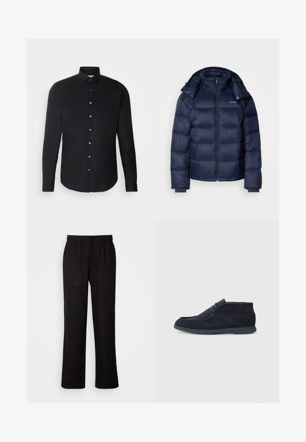 Marineblå puffjakke laget av skinnende, quiltet stoff. Har høy krage, full frontglidelås og tettsittende mansjetter for varme. Logo på brystet.; Svart langermet skjorte med knapp-down krage, frontknapper, rett kant og glatt tekstur; subtil merking på brystet.; Svart bukser med avslappet passform, laget av lett stoff. Har elastisk midjebånd, knapplukking og to frontlommer.; Marineblå suedestøvlett med rund tå og sømdetaljer. Har en glatt gummisåle og et minimalistisk design uten synlig merkevare.