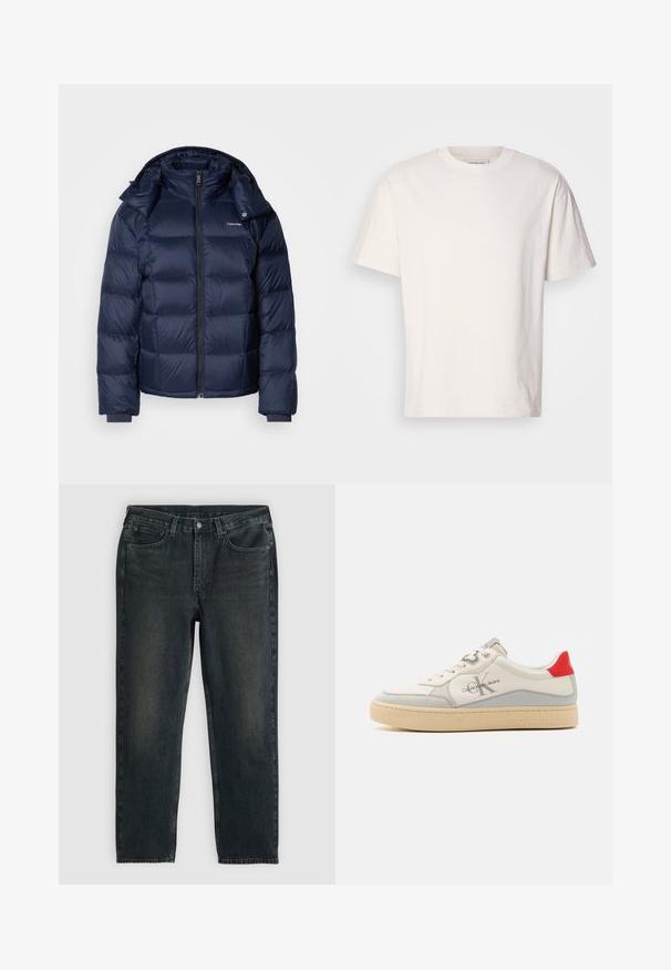 Mornarska puhovka iz sijočega, prešitenga materiala. Ima visok ovratnik, poln sprednji zadrgo in oprijete manšete za toplotno zaščito. Na prsih je logo.; Kremna bombažna majica s kratkimi rokavi in krožnim izrezom. Ohlapen kroj. Na izrezu se nahaja majhna oznaka. Gladka textura.; Temno modri traper hlače z ravnim krojem, opremljene s petimi žepi, zadrgo in kontrastnim šivom. Nežna bledica na tkanini.; Beli usnjeni copat z sivo krempljo, rdečim petnim delom, bež podplatom in logotipom ob strani. Okrogla konica in vezalni sistem.