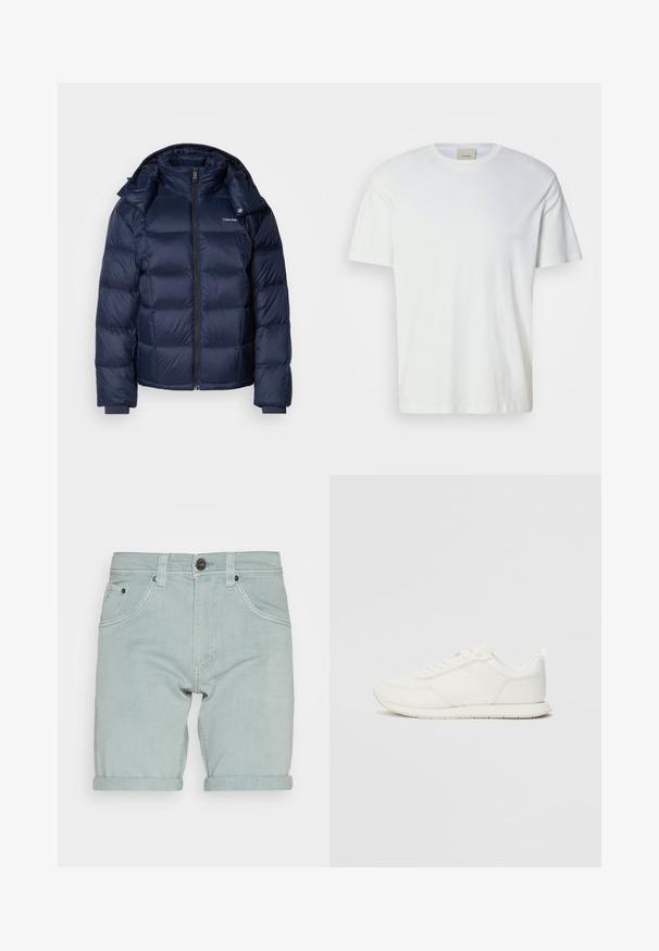 Navy puffer jacket made of shiny, quilted fabric. Features a high collar, full front zipper, and fitted cuffs for warmth. Logo on the chest.; Plain white short-sleeve crew neck T-shirt with a visible Calvin Klein label inside the collar, displayed on a neutral background.; Light blue denim shorts with a rolled hem, featuring front pockets, and a single black button closure at the waist. Smooth texture.; White sneaker with a mesh and synthetic upper, round toe, flat laces, and a textured side stripe. Rubber sole with a pull tab at the back.