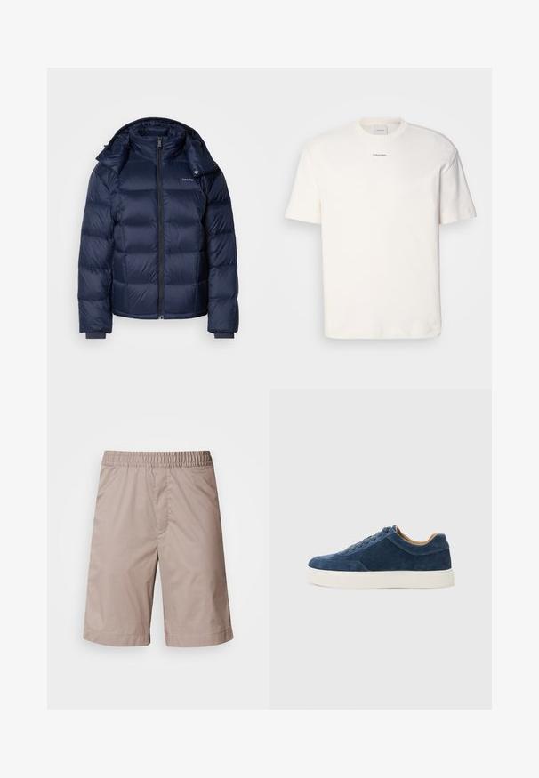 Tamsiai mėlynas pūkinis džemperis pagamintas iš blizgaus, siuvinėjimo audinio. Turi aukštą apykaklę, pilną priekinių užtrauktukų ir rankogalius, kad būtų šilta. Logotipas ant krūtinės.; Balta medvilninė marškinėlių suapvalintu kaklu, trumpomis rankovėmis ir siuvinėtu "Calvin Klein" logotipu krūtinės centre. Paprastas dizainas.; Bežiniai šortai su elastingu juosmeniu, lygiu paviršiumi, iki kelių ilgio, be matomų raštų ar metalinių detalžių.; Mėlynos zomšinės sportbačiai su balta gumine padanga, su raišteliais, apvaliu pirštu ir kontrastinga rusva vidine dalimi. Subtilūs siuvimo detalės.