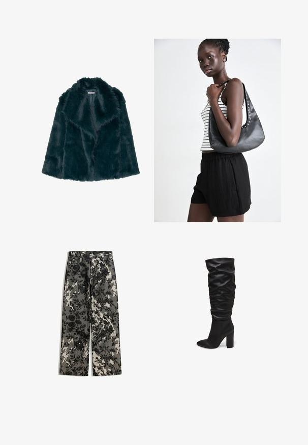 Tekoturkis takki syvässä teal-värissä, pehmeällä ja pörröisellä tekstuurilla, leveällä kauluksella, avointa etuosaa, ilman näkyviä kiinnityksiä.; Musta poolapüksi kootud pehmest kangast. Omab pikki varrukaid ja õiget kujundust sirge allääriga.; Kes pants lebar mid-rise dengan pola bunga hitam-putih berpola pada latar belakang abu-abu, dilengkapi dengan pinggang klasik dan saku depan.; Mustat polvipituiset saappaat, jotka on valmistettu teksturoidusta nahasta. Niissä on löysä muotoilu ja terävä kärki, sekä paksu lohkarekorko.; Musta nahkalaukku, jossa on kaareva muoto, ja jota koristavat hopeiset niitit sauman varrella. Mallilla on päällään raidallinen hihaton paita ja mustat shortsit.