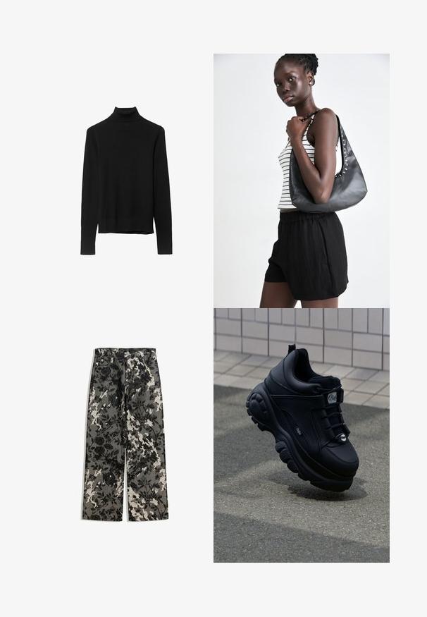 Umělé kožich v hlubokém modrozeleném odstínu s měkkou, načechranou texturou a širokým límcem, který má otevřený přední design a žádná viditelná zapínání.; Černý rolák z měkké pleteniny. Disponuje dlouhými rukávy a úzkým střihem se rovnými okraji.; Středně vysoké široké kalhoty s texturovaným černo-bílým květinovým vzorem na šedém pozadí, s klasickým pasem a předními kapsami.; Černé robustní tenisky s hladkým koženým povrchem, šněrováním vpředu, polstrovanou podrážkou a vyraženým logem na boku. Viditelná strukturovaná podešev.; Černá kožená kabelka s zakřiveným tvarem, na kterou navazují stříbrné cvočky podél švu. Modelka má na sobě pruhované tílko a černé šortky.