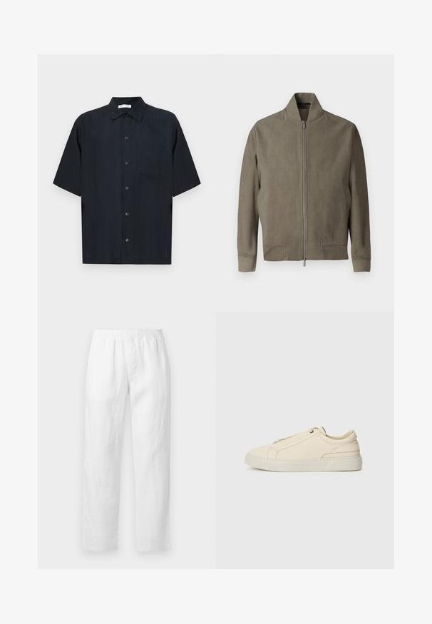 Chaqueta bomber caqui con un alto cuello, cierre frontal de cremallera completa y два bolsillos laterales. Fabricada en una tela suave y texturizada.; Camisa negra de manga corta hecha de tela texturizada, con cierre de botones en el frente, un pequeño bolsillo parche y un diseño clásico de cuello.; Pantalones de lino blancos con cintura elástica, corte recto y textura suave, sin patrones visibles ni detalles de herrajes.; Zapatilla de cuero beige con punta redondeada, diseño minimalista, detalles de costura sutiles y parte superior texturizada, sobre una suela clara.