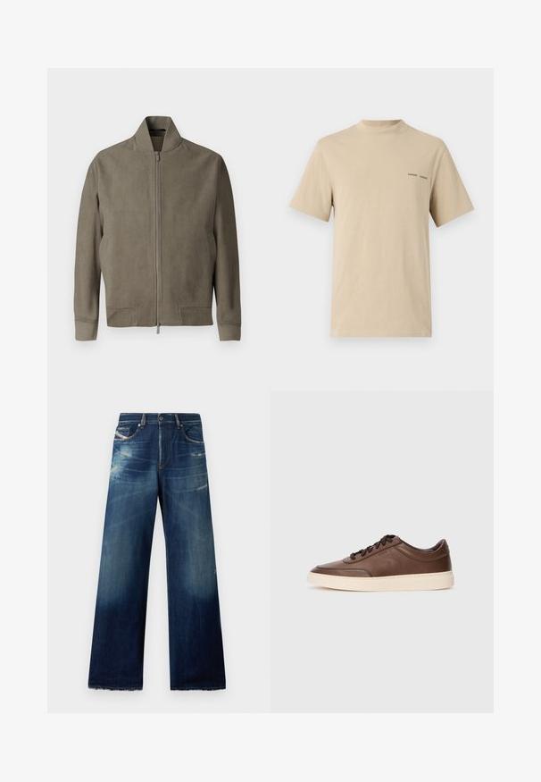 Jachetă bomber khaki cu guler înalt, fermoar pe toată lungimea și două buzunare laterale. Fabricată dintr-un material neted și texturat.; Tricou din bumbac bej cu decolteu rotund și mâneci scurte. Include un logo subtil în text negru "SAMSOE" pe piept.; Jeans din denim cu picioare largi, de culoare albastru închis, cu zone decolorate, detalii distruse și margini desfăcute. Patru buzunare și închidere cu nasture.; Adidași din piele maro, cu un finisaj neted, bot rotund și talpă din cauciuc crem. Prezintă sireturi negre și un branding subtil pe lateral.
