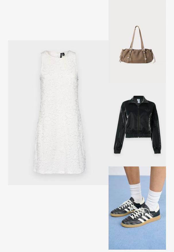 Fekete, fényes rövidített dzseki cipzárral az elején, magas gallérral és elasztikus szegéllyel. Három csík díszíti az ujjakat, és kis logó található a mellrészen.; Fehér ujjatlan ruha virágmintázattal. A texturált anyag kerek nyakkivágással és egyenes szabással rendelkezik, térd felett ér véget.; Fekete bőr sportcipők fehér csíkokkal, kerek orral, fehér fűzővel és gumírozott talppal. Párnázott bokarész és márkajelzések emelik ki.; Barna velúr kézitáska ráncolt tetejével, ezüst színű fém kiegészítőkkel és két vállpánttal. Téglalap alakú és minimalista dizájn jellemzi.