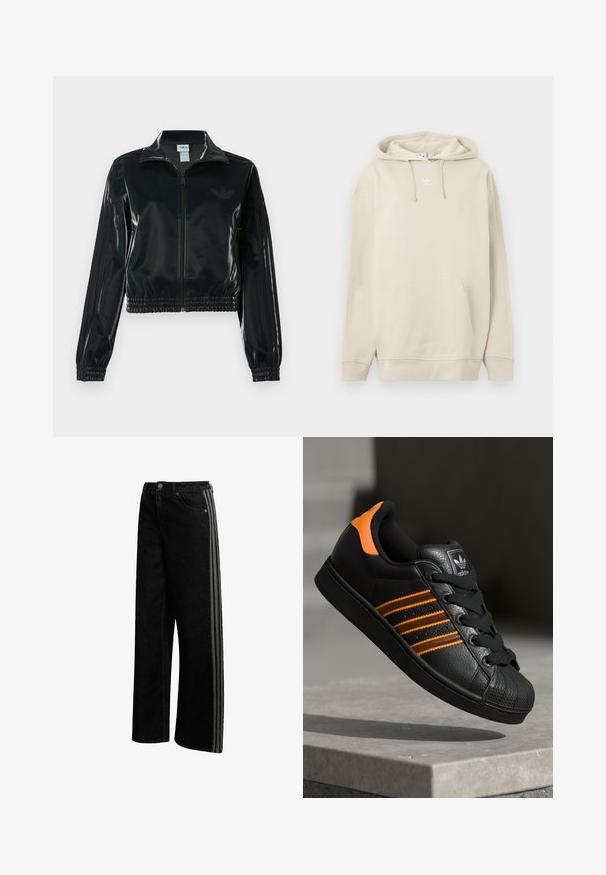 Črno, sijočo kratko jakno z zadrgo spredaj, visokim ovratnikom in elastičnim spodnjim robom. Na rokavih so tri črte, na prsih pa majhen logotip.; Bež pulover s kapuco iz bombaža, z žepom spredaj, rebrastimi manšetami in majhnim belim logotipom na prsih. Mehka tekstura.; Črne široke kavbojke iz jeansa z kontrastnimi trakovi ob straneh, zapiranjem na gumbe in klasičnim dizajnom s petimi žepi. Gladek videz, brez vidnih vzorcev.; Črne športne copate z oranžnimi akcenti, tremi vodoravnimi črtami, zgornjim delom iz teksturirane usnjene tkanine, gumijastim zaščitnim pokrovom za prste in črnimi vezalkami.