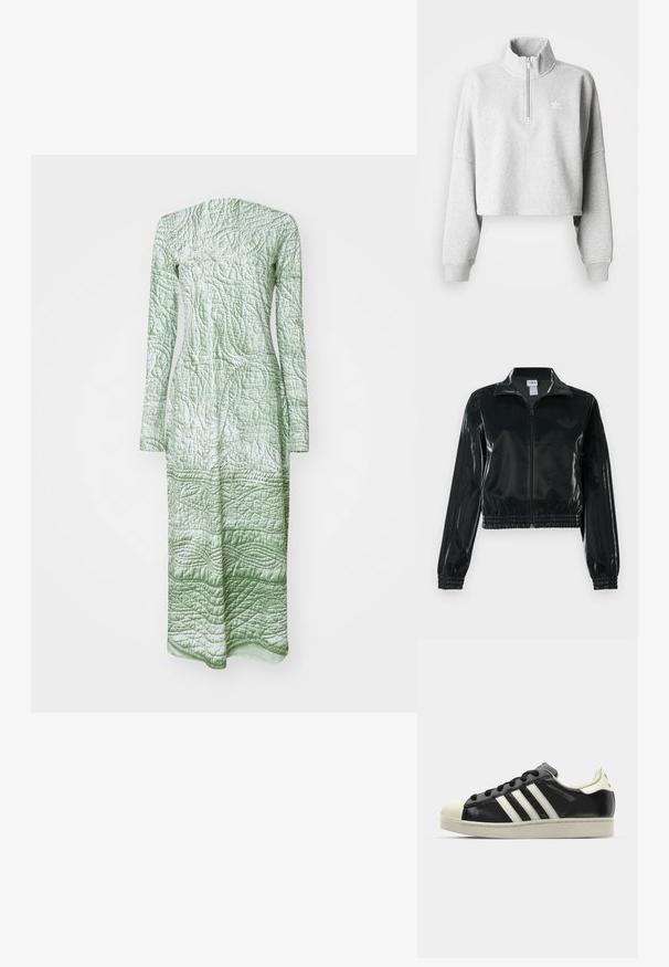 Czarna błyszcząca krótka kurtka na zamek błyskawiczny z przodu, z wysokim kołnierzem i elastycznym wykończeniem na dole. Na rękawach znajdują się trzy paski, a na piersi małe logo.; Jasnoszary krótki sweatshirt z wysokim kołnierzem i półzamkiem. Posiada luźne rękawy oraz małe białe logo na piersi. Materiał mieszany z bawełną.; Zielona sukienka z długim rękawem, pikowana, z teksturowanym wzorem liści, dopasowana sylwetka, okrągły dekolt i długość do kostek.; Czarne skórzane trampki z białymi paskami, gumowym czubkiem, czarnymi sznurówkami i kremową podeszwą. Gładka faktura z połyskującym wykończeniem.