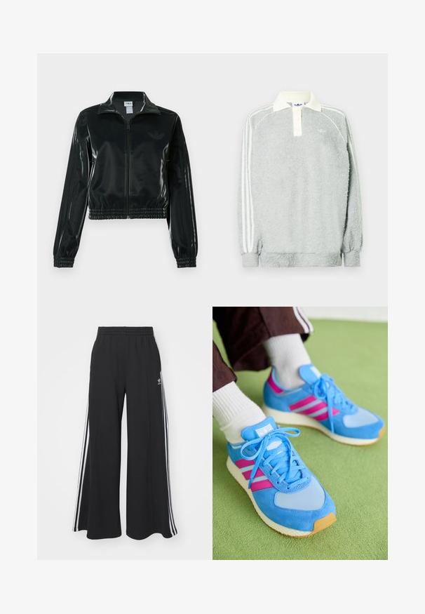 Černá lesklá zkrácená bunda se zipem vpředu, vysokým límcem a elastickým lemem. Má tři pruhy na rukávech a malé logo na hrudi.; Šedý fleecový polo s dlouhým rukávem a krémovým límcem, se třemi knoflíky a bílými pruhy podél rukávů. Měkká textura po celém povrchu.; Černé pohodlné tepláky širokého střihu s elastickým pasem, na boční straně s bílými pruhy a vyšitým logem na levé stehně.; Modré sportovní boty vyrobené z semiše a síťoviny, s růžovými pruhy, kulatou špičkou a texturovanou gumovou podrážkou. Šňůrky jsou světle modré.
