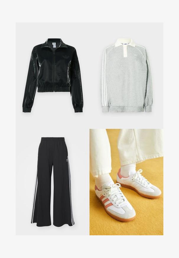 Must läikiv lühike jakk lukuga esiküljel, kõrge krae ja elastse äärega. Varrukatel on kolm triipu ja rinnal väike logo.; Hallhalli fleece'ist valmistatud hall pikkade varrukatega polo, millel on kreemjas krae, kolm nuppu ja valged triibud varrukaid pidi. Pehme tekstuur kogu ulatuses.; Mustad laiad trenni püksid elastse vöökohtaga, millel on valged küljeribad ja tikitud logo vasakul reiel.; Valged sportlikud jalanõud roosa aktsendiga, suede ja naha materjalidest, ümmargune varvas ja kummitald, näidatud heledate sokkide kõrval kollasel taustal.