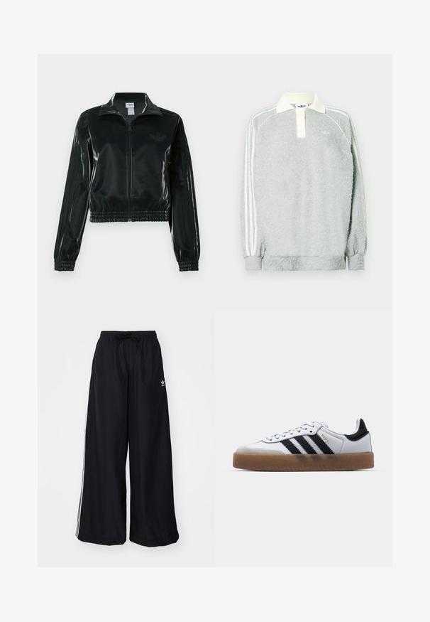 Must läikiv lühike jakk lukuga esiküljel, kõrge krae ja elastse äärega. Varrukatel on kolm triipu ja rinnal väike logo.; Hallhalli fleece'ist valmistatud hall pikkade varrukatega polo, millel on kreemjas krae, kolm nuppu ja valged triibud varrukaid pidi. Pehme tekstuur kogu ulatuses.; Mustad must laiad püksid, mis on valmistatud kergest kangast. Omavad elastset vöökohta tõmblukuga ja valget külgtriipu. Brändi logo puus.; Valged nahast tossud mustade triipudega, kummist välistald, ümmargune nina, seotud sulgemine ja pehme hall suede ninaosa.