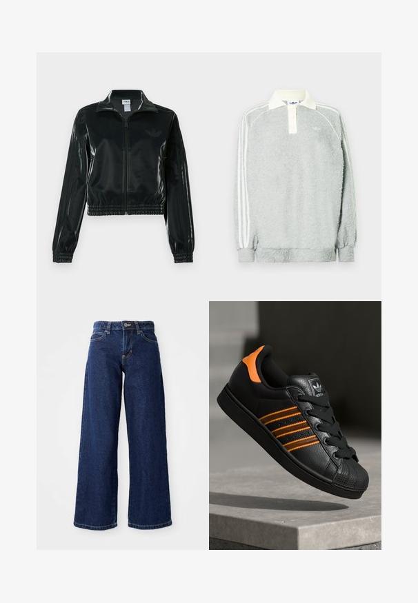 Casaco curto preto brilhante com fecho de correr frontal, gola alta e bainha elástica. Apresenta três riscas nas mangas e um pequeno logotipo no peito.; Polo de manga longa cinza em fleece com colarinho creme, três botões e riscas brancas ao longo das mangas. Textura suave em todo o material.; Jeans de corte largo azul escuro, feitos de denim, com fecho de botão e zíper, passantes para cinto e design clássico de cinco bolsos.; Sapatilha preta com detalhes laranja, três riscas horizontais, parte superior em couro texturizado, bico de borracha e atacadores pretos.