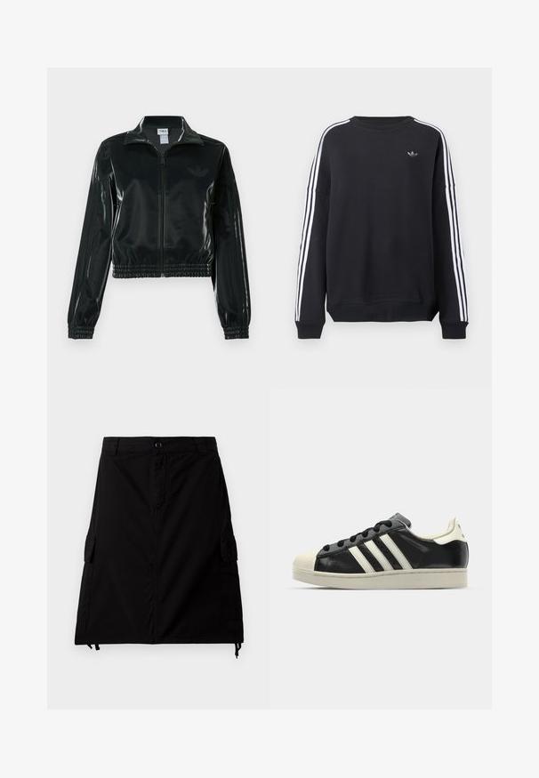 Casaco curto preto brilhante com fecho de correr frontal, gola alta e bainha elástica. Apresenta três riscas nas mangas e um pequeno logotipo no peito.; Sweatshirt preta de manga comprida, com riscas brancas a correr ao longo de cada braço e um pequeno logótipo cinza no peito. Material de algodão, corte casual.; Saia cargo preta feita de tecido misto de algodão com corte reto, apresentando bolsos laterais, fecho de botão frontal e barra ajustável com cordão.; Sapatilha de couro preto com riscas brancas, biqueira de borracha, atacadores pretos e sola na cor creme. Textura suave com acabamento brilhante.