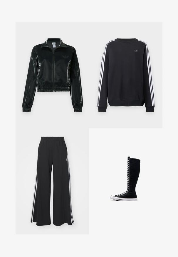 Sort blank cropped jakke med glidelås foran, høy krage og elastisk nederkant. Har tre striper på ermene og en liten logo på brystet.; Svart genser med lange ermer, hvite striper langs hver arm og en liten grå logo på brystet. Laget av bomull, avslappet passform.; Svart vide joggebukser med elastisk midjebånd, med hvite sidestriper og brodert logo på venstre lår.; Svarte høyhælte sneakers med et høyt design, laget av kanvas. Har hvite snører, sømmer og en gummisåle med tåhette.