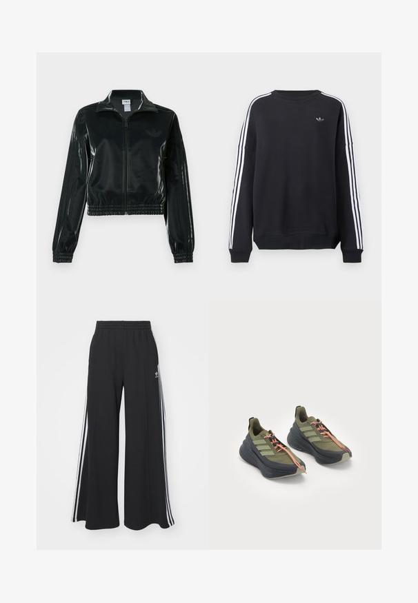 Sort, glinsende cropped jakke med lynlås foran, høj krave og elastisk kant. Har tre striber på ærmerne og et lille logo på brystet.; Sort sweatshirt med lange ærmer, hvide striber ned langs hver arm og et lille gråt logo på brystet. Bomuldsmateriale, afslappet pasform.; Sorte brede sweatpants med elastisk talje, med hvide sidelommer og et broderet logo på venstre lår.; Oliven grønne træningssko med sorte accenter, tykke såler og orange snørebånd. Har tre grønne striber på siden og en struktureret ydersål.