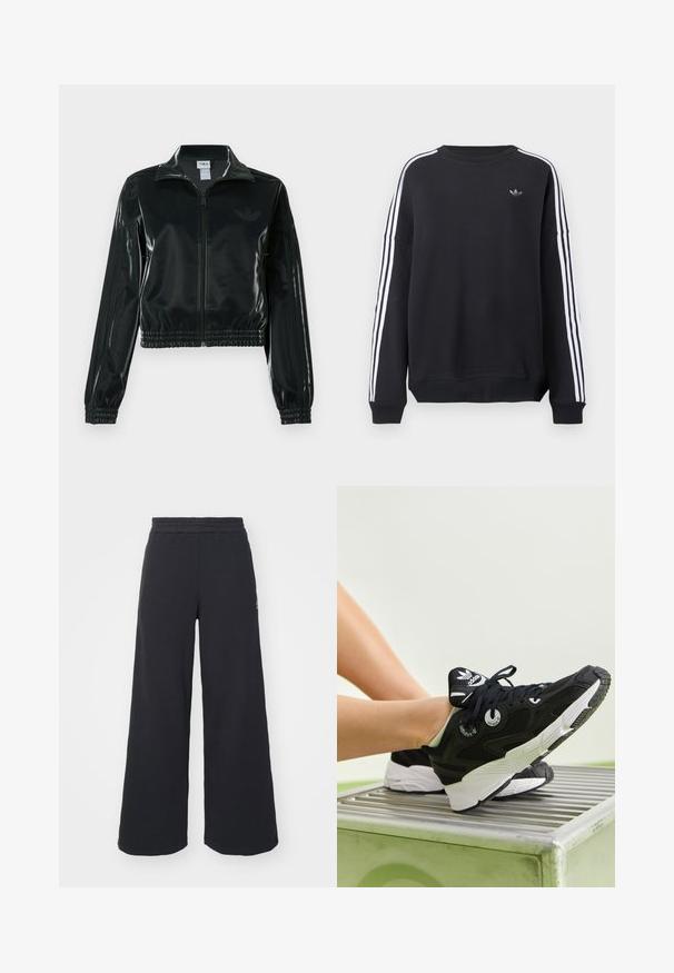 Musta kiiltävä lyhyt takki vetoketjulla, korkealla kauluksella ja joustavalla helmalla. Hihoissa on kolme raitaa ja rinnassa pieni logo.; Musta collegepaita, jossa on pitkät hihat, valkoiset raidat kummassakin hihassa ja pieni harmaa logo rinnassa. Puuvillamateriaalia, rento istuvuus.; Mustat leveät collegehousut, jotka on valmistettu pehmeästä kankaasta. Niissä on elastinen vyötärö ja pieni logo vasemmalla puolella.; Mustat urheilukengät, joissa on verkkomainen ja synteettinen päällinen, valkoinen välipohja ja pyöreät nauhoitusreiät. Varustettu merkkilogolla kielekkeessä ja paksulla kumipohjalla.