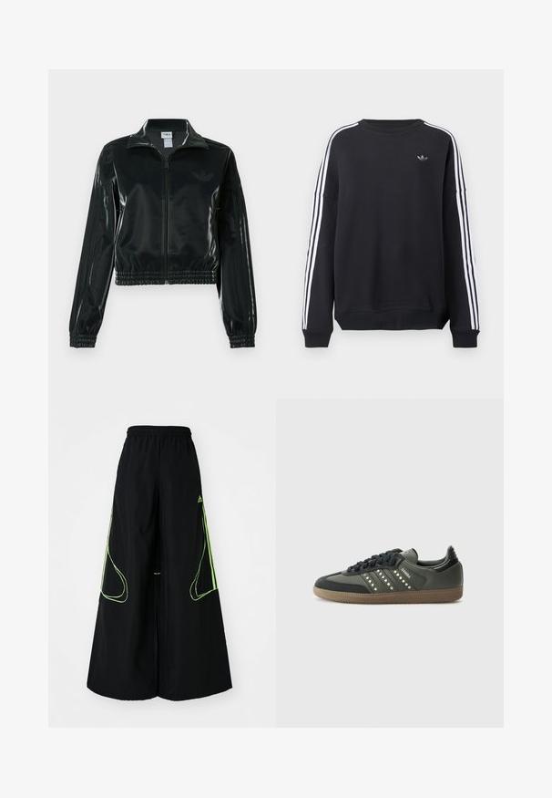 Crna sjajna kratka jakna s patentnim zatvaračem sprijeda, visokim ovratnikom i porubom s elastikom. Na rukavima ima tri pruge i mali logo na prsima.; Crna majica s dugim rukavima, bijelim prugama duž svakog rukava i malim sivim logom na prsima. Materijal od pamuka, ležerni kroj.; adidas Originals TEAMGEIST ADICOLOR OVERSIZED - Donji dijelovi trenirke - black/signal green; adidas Originals SAMBA OG - Tenisice - core black/legend earth/gum