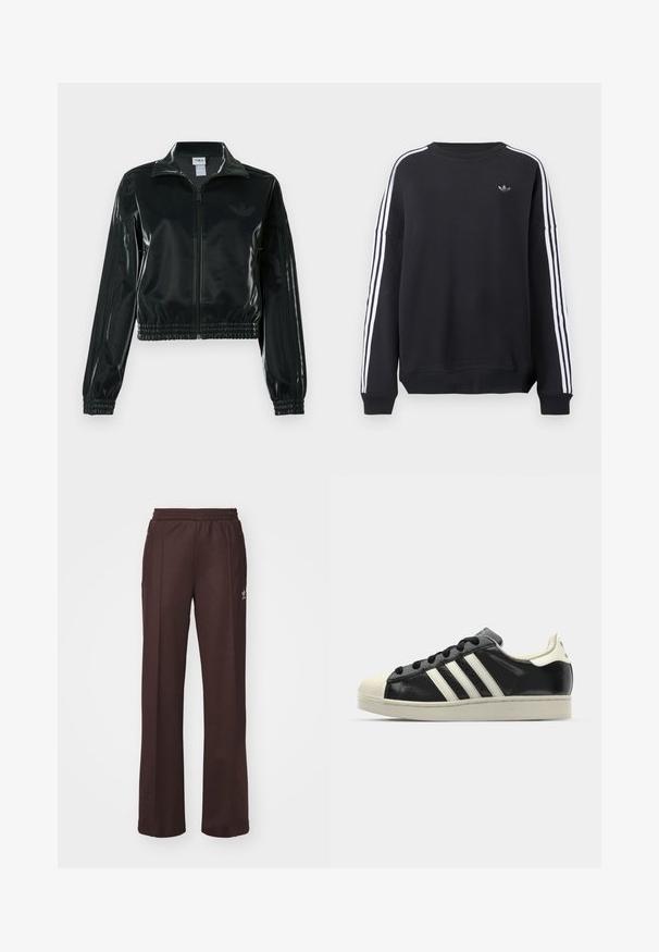 Casaco curto preto brilhante com fecho de correr frontal, gola alta e bainha elástica. Apresenta três riscas nas mangas e um pequeno logotipo no peito.; Sweatshirt preta de manga comprida, com riscas brancas a correr ao longo de cada braço e um pequeno logótipo cinza no peito. Material de algodão, corte casual.; Calças de atletismo castanhas com um cós elástico, dois bolsos laterais e um pequeno logo do lado esquerdo, feitas de um tecido suave.; Sapatilha de couro preto com riscas brancas, biqueira de borracha, atacadores pretos e sola na cor creme. Textura suave com acabamento brilhante.