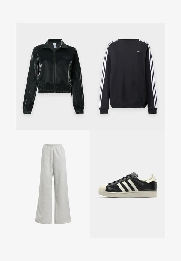 Casaco curto preto brilhante com fecho de correr frontal, gola alta e bainha elástica. Apresenta três riscas nas mangas e um pequeno logotipo no peito.; Sweatshirt preta de manga comprida, com riscas brancas a correr ao longo de cada braço e um pequeno logótipo cinza no peito. Material de algodão, corte casual.; Calças de moletom cinzentas com um design de perna larga, feitas em material de algodão macio. Apresentam um elástico na cintura e mínimas decorações.; Sapatilha de couro preto com riscas brancas, biqueira de borracha, atacadores pretos e sola na cor creme. Textura suave com acabamento brilhante.