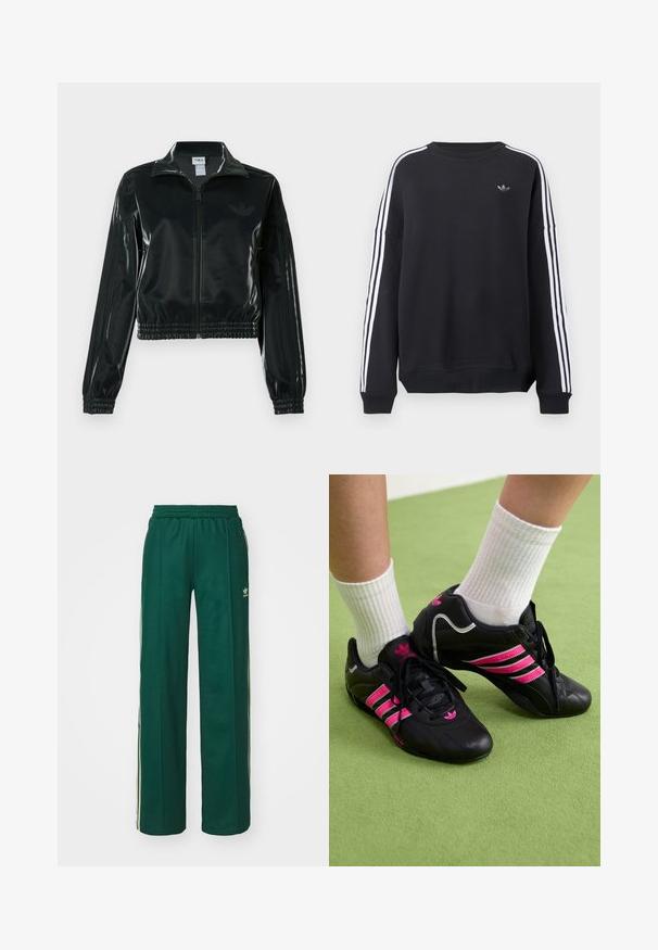 Jachetă neagră lucioasă, scurtă, cu fermoar frontal, guler înalt și tiv elastic. Are trei dungi pe mâneci și un mic logo pe piept.; Hanorac negru cu mâneci lungi, dungi albe pe fiecare braț și un mic logo gri pe piept. Material din bumbac, croială casual.; Pantaloni sportivi verde închis, cu o croială lejeră, având un cordon la talie, buzunare laterale și dungi crem pe laturi.; Pantofi sport negri cu trei dungi roz, superior din piele texturată, șireturi negre și detalii cu logo, asortați cu șosete albe cu dungi pe o suprafață verde.