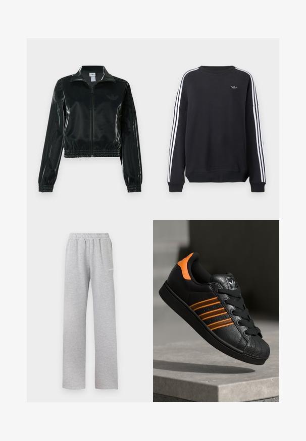 Črno, sijočo kratko jakno z zadrgo spredaj, visokim ovratnikom in elastičnim spodnjim robom. Na rokavih so tri črte, na prsih pa majhen logotip.; Črni pulover s kapuco z dolgimi rokavi, belimi črtami vzdolž vsake roke in majhnim sivim logotipom na prsih. Bombažni material, priložnostni kroj.; Svetlo sivi trenirka s elastičnim pasom, naravnim krojem hlačnic in majhnim belim logotipom na levi stegenski strani. Nežna, teksturirana tkanina.; Črne športne copate z oranžnimi akcenti, tremi vodoravnimi črtami, zgornjim delom iz teksturirane usnjene tkanine, gumijastim zaščitnim pokrovom za prste in črnimi vezalkami.