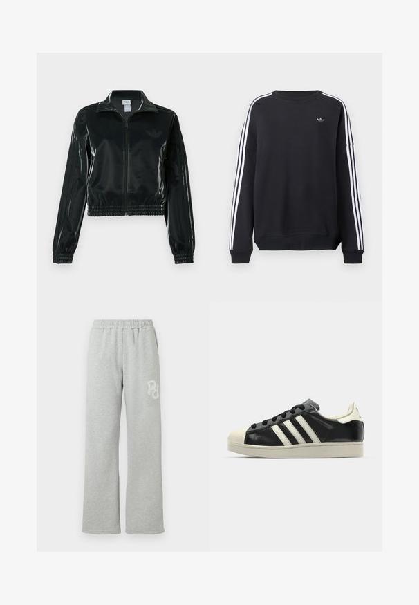 Černá lesklá zkrácená bunda se zipem vpředu, vysokým límcem a elastickým lemem. Má tři pruhy na rukávech a malé logo na hrudi.; Černá mikina s dlouhými rukávy, bílými pruhy po celé délce každého rukávu a malým šedým logem na hrudi. Vyrobená z bavlněného materiálu, volný střih.; Šedé tepláky s elastickým pasem, rovný střih, jemná textura a malé bílé logo na levé straně.; Černé kožené sneakers s bílými pruhy, gumovou špičkou, černými tkaničkami a krémovou podešví. Hladký povrch s lesklým finišem.