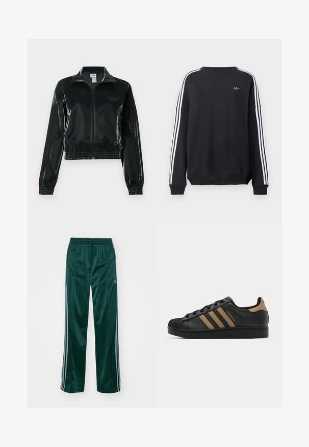 Sort blank cropped jakke med glidelås foran, høy krage og elastisk nederkant. Har tre striper på ermene og en liten logo på brystet.; Svart genser med lange ermer, hvite striper langs hver arm og en liten grå logo på brystet. Laget av bomull, avslappet passform.; Mørkegrønne treningsbukser laget av glinsende materiale, med sidepaneler i lysegrått og en brodert logo på venstre ben.; Svarte lærersneakers med tre brune striper, teksturert gummitåhette, snøring foran og flat svart såle. Har en subtil logo på hælen.