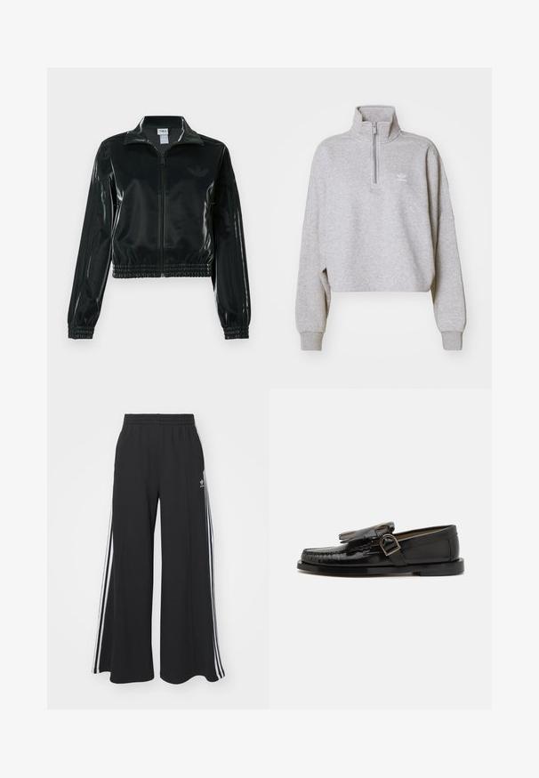 Sort blank cropped jakke med glidelås foran, høy krage og elastisk nederkant. Har tre striper på ermene og en liten logo på brystet.; Grå kort sweatshirt med høy krage, halv glidelås og brede ermer. Har en liten hvit logo på brystet. Laget av mykt stoff.; Svart vide joggebukser med elastisk midjebånd, med hvite sidestriper og brodert logo på venstre lår.; Sorte skinnmoccasin-sko med en blank finish, med dekorativ frynse og spenne-detalj. Lavprofil såle med minimal mønstring.