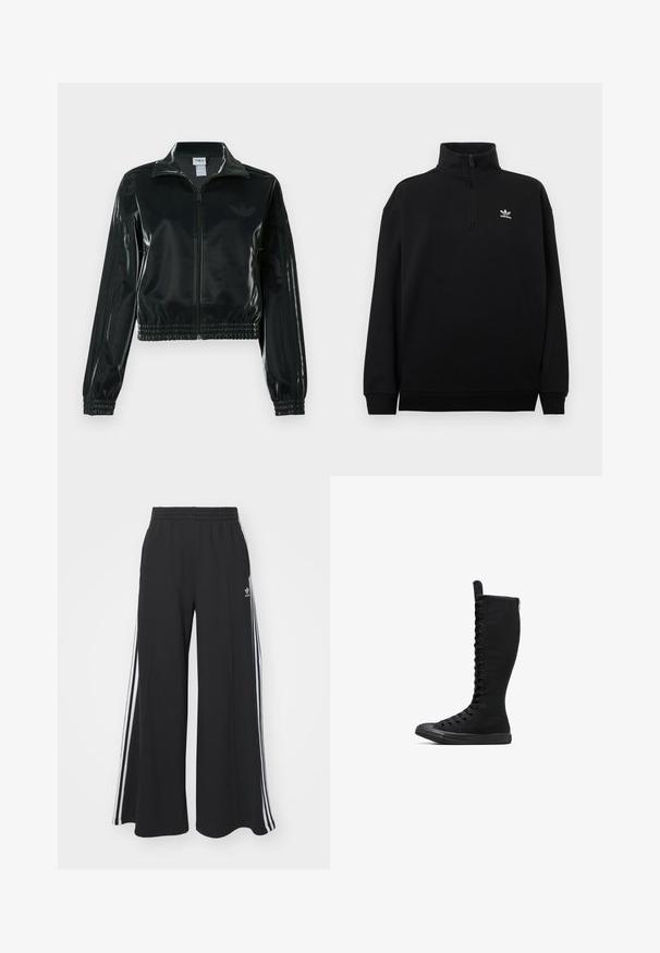 Fekete, fényes rövidített dzseki cipzárral az elején, magas gallérral és elasztikus szegéllyel. Három csík díszíti az ujjakat, és kis logó található a mellrészen.; Fekete negyedcipzáras pulóver puha anyagból, magas gallérral, bordázott mandzsettákkal és a mellkason egy kis fehér Adidas logóval.; Fekete, bő szárú melegítőnadrág, rugalmas derékkal, fehér oldalsávokkal és hímzett logóval a bal combon.; Fekete magas szárú vászon csizmák, lekerekített orral, cipzárral és elől fűzővel. Texturált felülettel és gumitalppal rendelkezik.