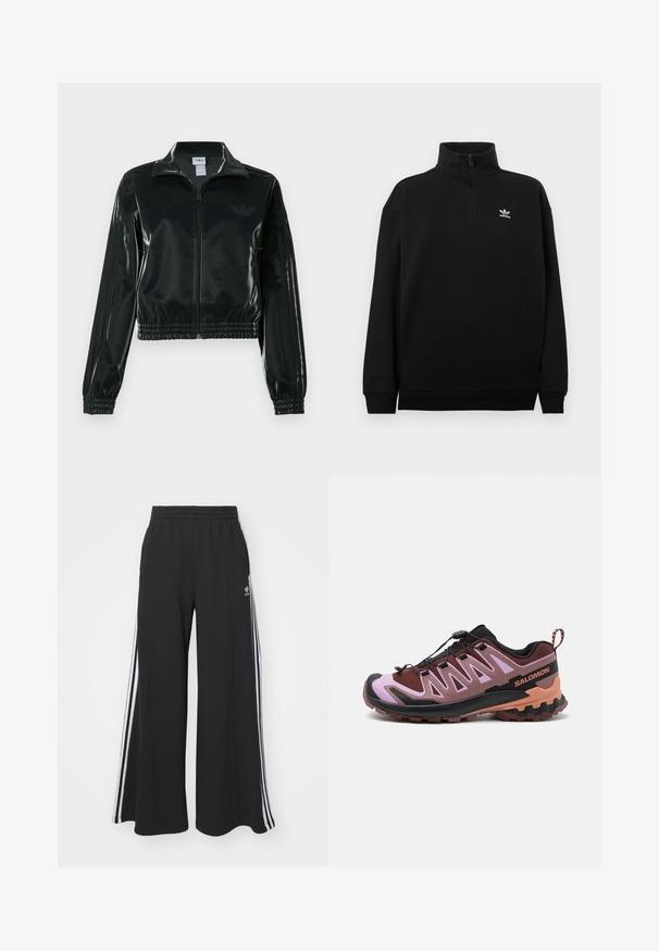 Czarna błyszcząca krótka kurtka na zamek błyskawiczny z przodu, z wysokim kołnierzem i elastycznym wykończeniem na dole. Na rękawach znajdują się trzy paski, a na piersi małe logo.; Czarna bluza z suwakiem do ćwiartki, wykonana z miękkiego materiału, z wysokim kołnierzem, ściągaczami na mankietach i małym białym logo Adidas na piersi.; Czarne szerokie spodnie dresowe z elastycznym pasem, z białymi paskami po bokach i haftowanym logo na lewej udzie.; Buty do biegania w terenie w kolorach czarnym, bordowym i różowym. Posiadają siateczkową cholewkę, zintegrowany system sznurowania, teksturowaną podeszwę oraz stabilizującą kontrę piętową.