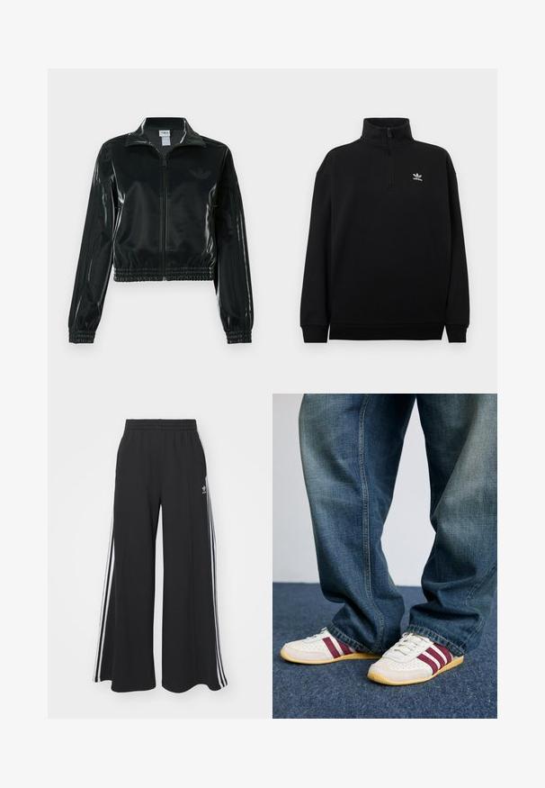 Svart glansig kort jacka med dragkedja framtill, hög krage och elastisk nederkant. Har tre ränder på ärmarna och en liten logga på bröstet.; Svart quarter-zip sweatshirt i mjukt tyg med hög krage, ribbade muddar och en liten vit Adidas-logotyp på bröstet.; Svarta vida sweatpants med elastisk midje, med vita sidosträck och en broderad logotyp på vänster lår.; Vita sneakers med vinröda ränder, texturerat läder och mesh, i kombination med löst sittande blå denimjeans. Mjuka gummisulor, avslappnad stil.