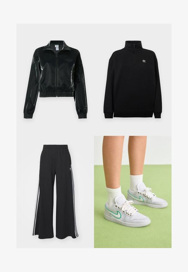 Juoda blizgi trumpa striukė su užtrauktuku priekyje, aukštu apykakliu ir elastine apačia. Rankovėse trys dryžiai ir mažas logotipas ant krūtinės.; Juodas ketvirčio užtrauktuku džemperis, pagamintas iš minkštos medžiagos, su aukštu apykakliu, rištu užsegimais ir mažuoju baltu Adidas logotipu ant krūtinės.; Juodos plačios kojų džinsinės kelnės su elastingu juosmeniu, turinčios baltas šonines juosteles ir išsiuvinėtą logotipą kairiajame šlaunyje.; Baltos sportbačiai su žaliais akcentais, audinio viršus, paminkštintas kraštas ir baltos raišteliai; dėvimi su tekstūruotomis baltomis kojinėmis prieš žalią foną.