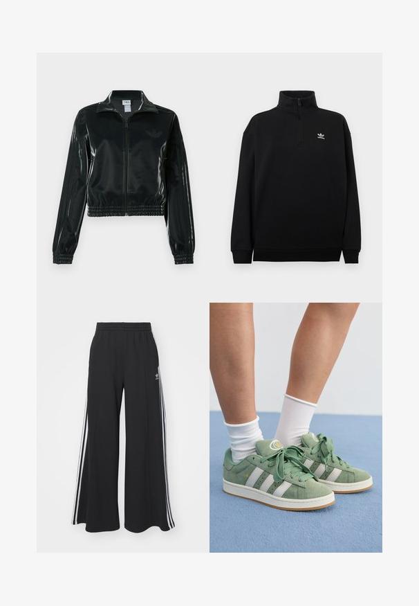 Casaco curto preto brilhante com fecho de correr frontal, gola alta e bainha elástica. Apresenta três riscas nas mangas e um pequeno logotipo no peito.; Sweatshirt preta com fecho de meio zíper, feita de tecido macio, apresentando uma gola alta, punhos canelados e um pequeno logótipo branco da Adidas no peito.; Calças de suor largas e pretas com uma cintura elástica, apresentando riscas brancas nas laterais e um logótipo bordado na coxa esquerda.; Sapatilhas verdes em camurça com riscas brancas. Apresentam atacadores redondos, uma língua texturizada e um logótipo circular na língua.