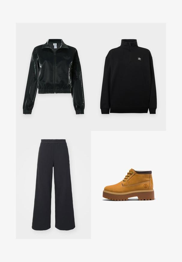 Fekete, fényes rövidített dzseki cipzárral az elején, magas gallérral és elasztikus szegéllyel. Három csík díszíti az ujjakat, és kis logó található a mellrészen.; Fekete negyedcipzáras pulóver puha anyagból, magas gallérral, bordázott mandzsettákkal és a mellkason egy kis fehér Adidas logóval.; Fekete, bő szárú melegítőnadrág, puha anyagból készült, rugalmas derékkal és egy kis logóval a bal oldalon.; Barna bőrből készült bokacsizma kerek orral, barna díszítéssel, vastag platform talppal és kontrasztos sárga fűzővel. Az oldalon logó található.