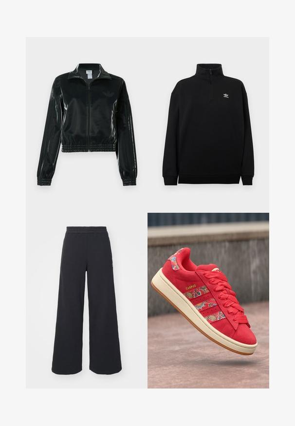 Melna spīdīga īsā jaka ar rāvējslēdzēja priekšpusi, augstu apkakli un elastīgu apakšu. Piedevas ir trīs svītras uz piedurknēm un neliels logotips uz krūtīm.; Melns ceturtdaļpogu sporta krekls no mīkstas auduma, ar augstu apkakli, ribota apdare uz aprocēm un nelielu baltu Adidas logotipu uz krūtīm.; Melni platās svārku bikses, izgatavotas no mīksta auduma, ar elastīgu jostas daļu un mazu logotipu kreisajā pusē.; Sarkans zamšs sneakers ar ziedu rakstu akcentiem, trīs svītru dizainu, teksturētām šņorēm un krēmveida gumijas zoli. Zeltaina "CAMPUS" logo detaļa.