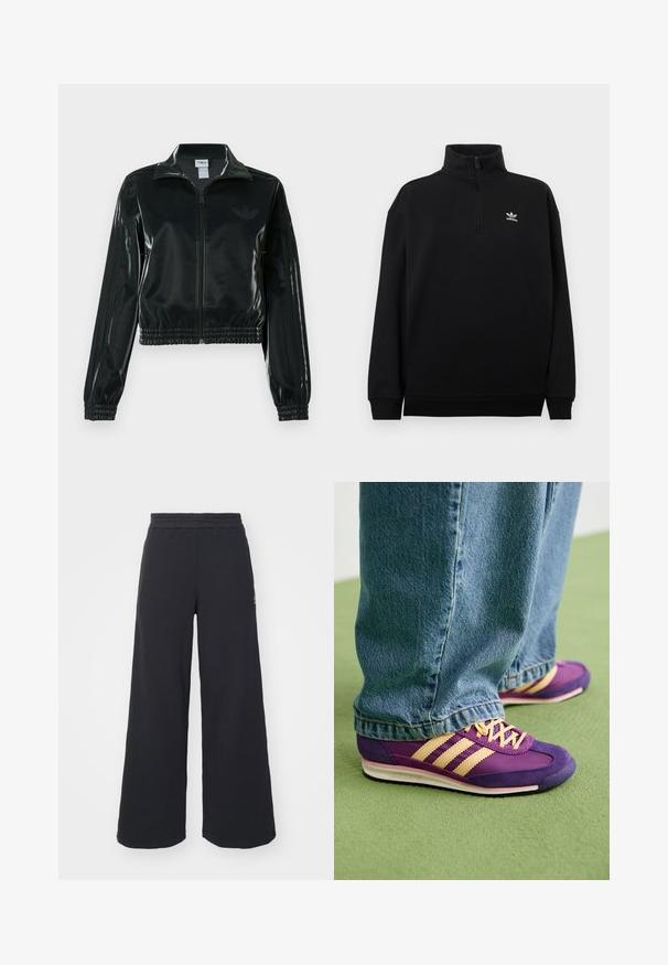 Casaco curto preto brilhante com fecho de correr frontal, gola alta e bainha elástica. Apresenta três riscas nas mangas e um pequeno logotipo no peito.; Sweatshirt preta com fecho de meio zíper, feita de tecido macio, apresentando uma gola alta, punhos canelados e um pequeno logótipo branco da Adidas no peito.; Calças de fato largas, pretas, feitas de tecido macio, com uma cintura elástica e um pequeno logótipo do lado esquerdo.; Pessoa a usar sapatilhas Adidas roxas e beges com atacadores, de pé sobre um tapete verde, vestindo jeans de ganga azuis que cobrem os topos dos sapatos.
