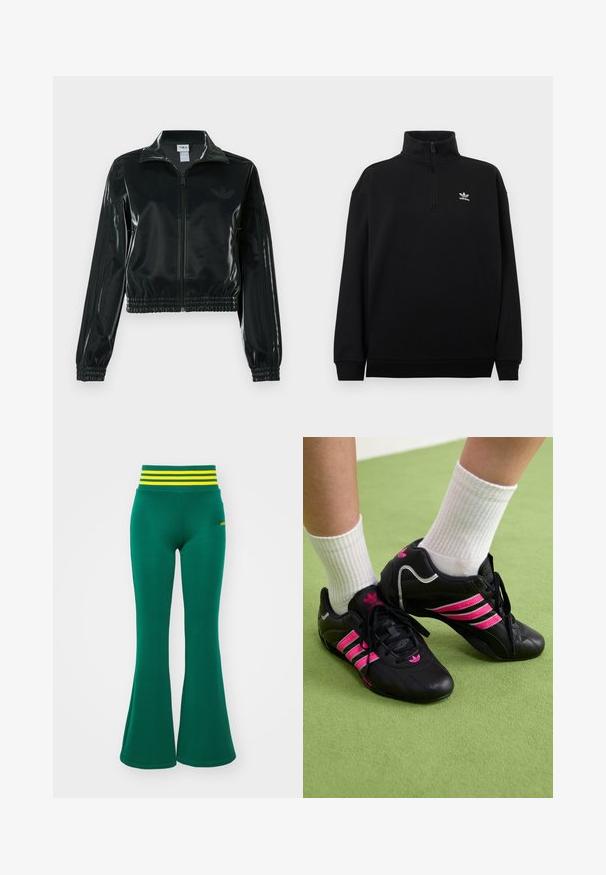 Črno, sijočo kratko jakno z zadrgo spredaj, visokim ovratnikom in elastičnim spodnjim robom. Na rokavih so tri črte, na prsih pa majhen logotip.; Črn pulover s četrtinskim zadrgo iz mehke tkanine, z visokim ovratnikom, rebrastimi manšetami in majhnim belim logotipom Adidas na prsih.; Zelene razširjene legice iz elastičnega materiala, z rumeno in belo prugasto pasom. Gladka tekstura, prilegajoče se čez boke, široke na robu.; Črne atletske čevlje s tremi rožnatimi črkami, zgornji del iz teksturirane usnje, črne vezalke in podrobnost z logotipom, v kombinaciji z belimi rebrastimi nogavicami na zeleni površini.